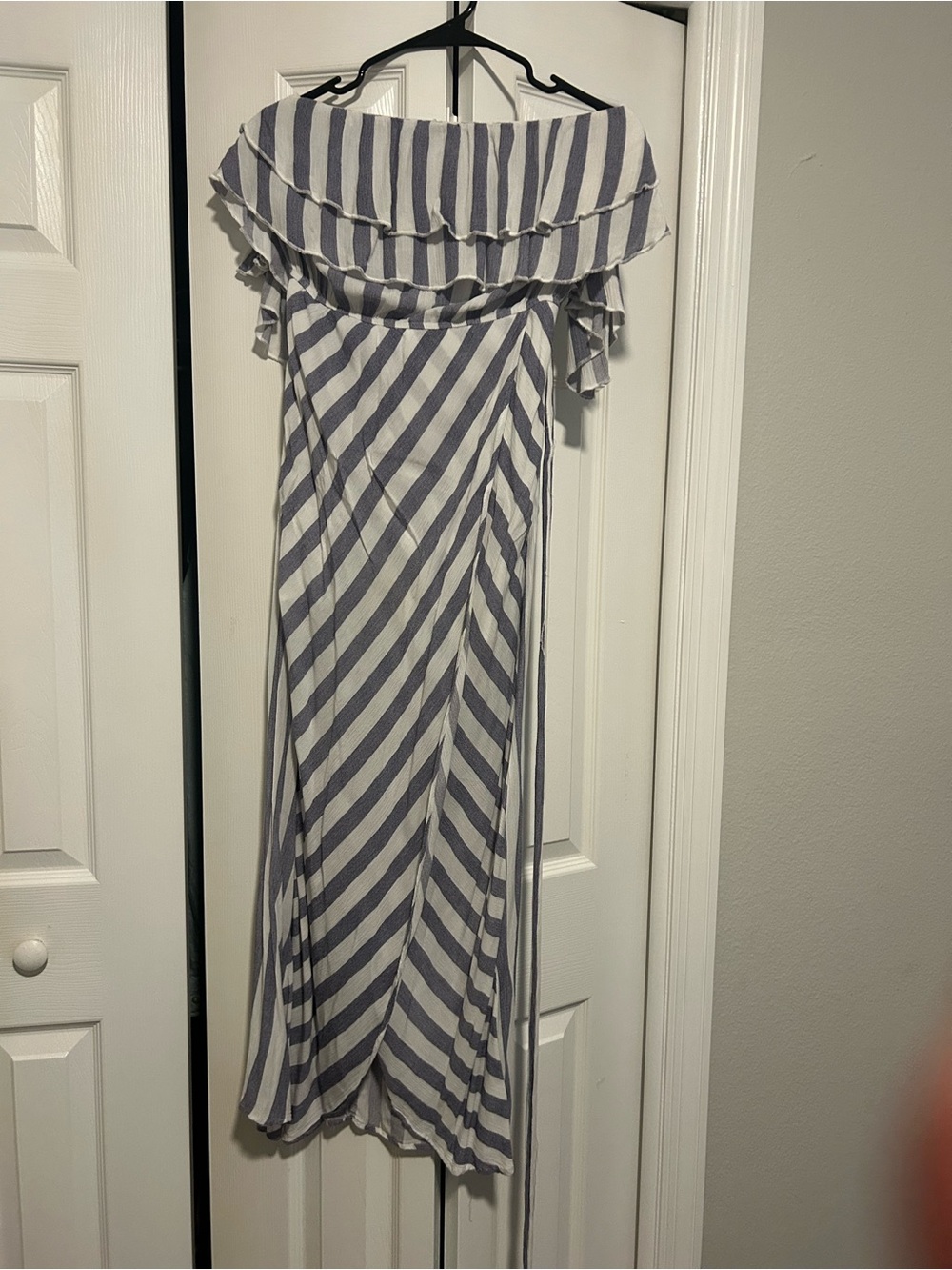 Hayden White and Navy Striped Off-Shoulder Dress